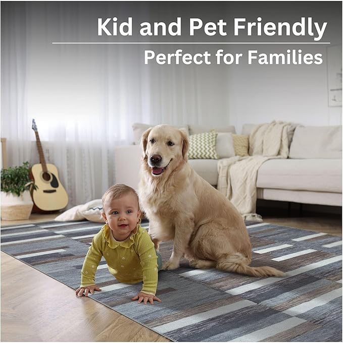 Bloom Rugs Washable Non-Slip 8' x 10' Rug - Blue/Brown Striped Area Rug for Living Room, Bedroom, Dining Room, and Kitchen - Exact Size: 8' x 10'