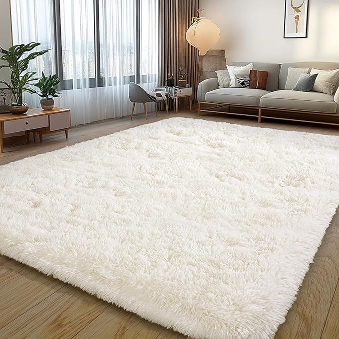 Cream White Plush Rug for Living Room Fuzzy Carpet for Bedroom Dorm, Non-Slip High Pile Rug, Shag Rug for Playroom Nursery Home Office Decor 4X6 Ft