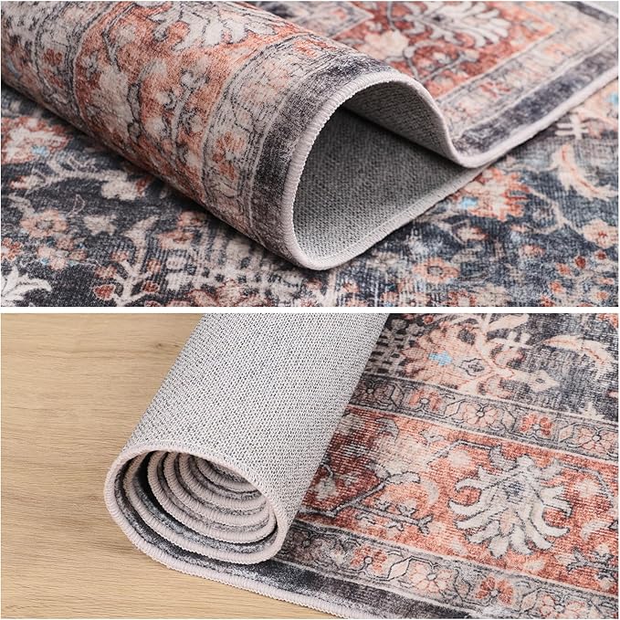 Dripex Vintage Washable Area Rug - 5x8 Distressed Rugs for Living Room Bedroom Oriental Medallion Floral Print Carpet Low-Pile Indoor Soft Non-Slip Accent Rug Farmhouse Office Home Decor