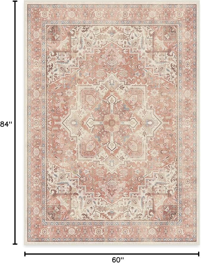 RUGGABLE Washable Area Rug – Kamran Rose Pink 5x7, Stain-Resistant, Non-Slip – Medium Machine Washable Rugs for Living Room, Bedroom, Hallway, Entryway & Office–with Standard Pad