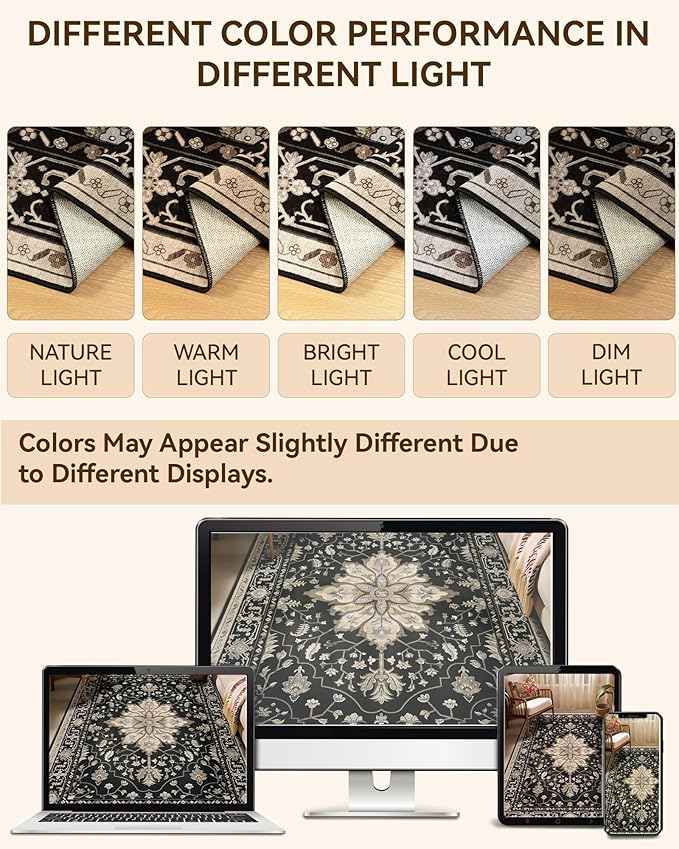 Area Rugs 2'x6' Washable Non-Slip, Floral Vintage Distress Print Pattern Medallion Carpet for Living Room Bedroom Dining Room, Black Brown Neutral Dark Tan