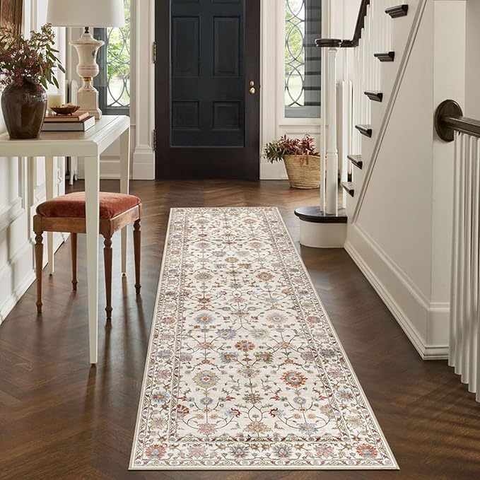 Washable Hallway Runner Rug 2.5x12ft - Long Non-Slip Cream Colorful Boho Runner Rug Low Pile Soft Vintage Bohemian Floral Runners for Hallways Kitchen Living Room Indoor Entryway Bedroom Foyer