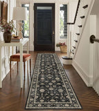 Runner Rugs for Hallway 2.5x10ft - Long Non-Slip Charcoal Black Washable Boho Runner Rug Low Pile Soft Vintage Farmhouse Traditional Moody Carpet for Kitchen Living room Indoor Entryway Bedroom