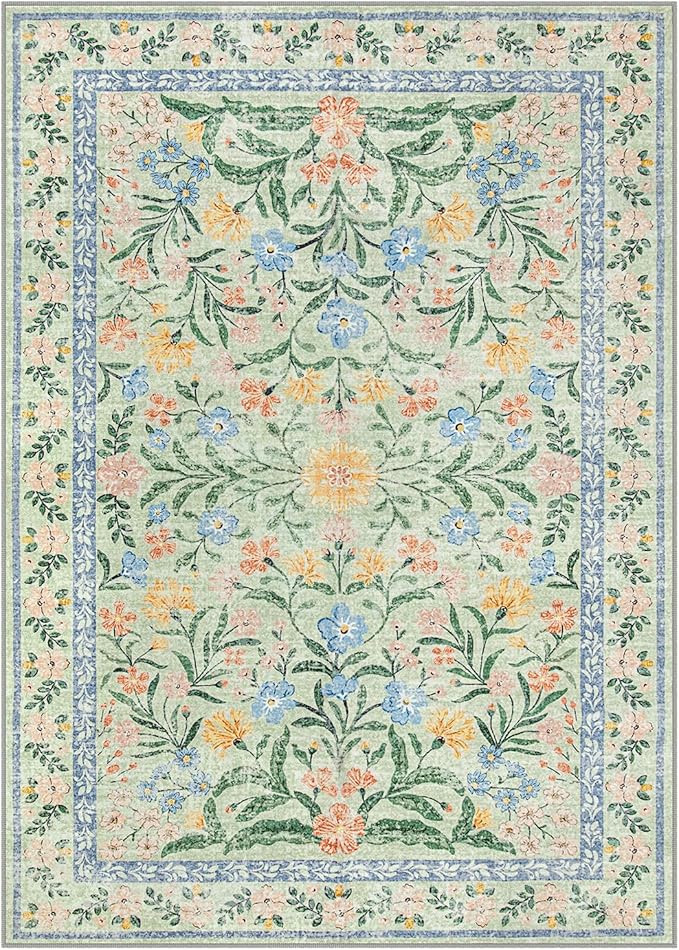 Lahome Washable 5x7 Area Rugs, Boho Pink and Green Floral Living Room Rug Non Slip, Vintage Girls Bedroom Indoor Carpet for Nursery Playroom Kitchen, Green/Multi