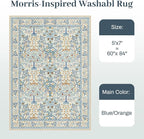 5x7 Area Rugs Living Room Rug - Floral Vintage Morris-Inspired Washable Carpet, Low Pile Non-Shedding Stain Resistance Boho Soft Carpet for Bedroom, Dining Room, Office, Farmhouse (5'x7' Blue/Orange)