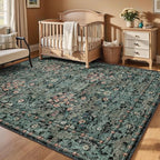 Dark Green Boho 5x7 Area Rugs for Bedroom Aesthetic, Washable Floral Rug for Living Room, Nursery - Low Pile Non Slip French Country Carpet for Dining Room Under Table - Botanical Mat for Indoor