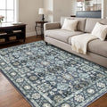Washable 9×12 Area Rug for Living Room, Vintage Floral Rug Soft Non Slip Stain Resistant Boho Carpet for Indoor Bedroom Dinning Room Home Office Blue/Navy