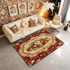 Elegant Red Floral 3 x 5 Area Rug Gold Geometric Rugs for Living Room | Bohemian Nordic Floral Washable Rug, Antique Decor Victorian Damask Carpet Indoor Floor Mat