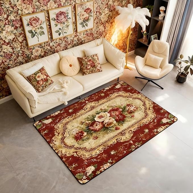 Elegant Red Floral Large Area Rug 5x7 Gold Geometric Living Room Rug | Bohemian Nordic Floral Rugs for Bedroom, Antique Decor Victorian Damask Carpet Indoor Floor Mat