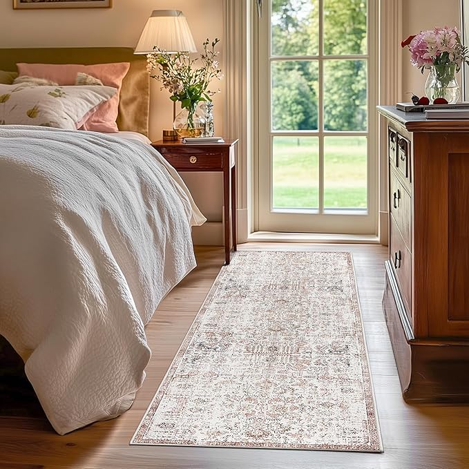 jinchan Runner Rug 2x6 Washable Hallway Rug Vintage Indoor Thin Retro Floor Cover Distressed Floral Country Lightweight Non Slip Carpet for Entryway Bathroom Kitchen Bedroom Living Room Red