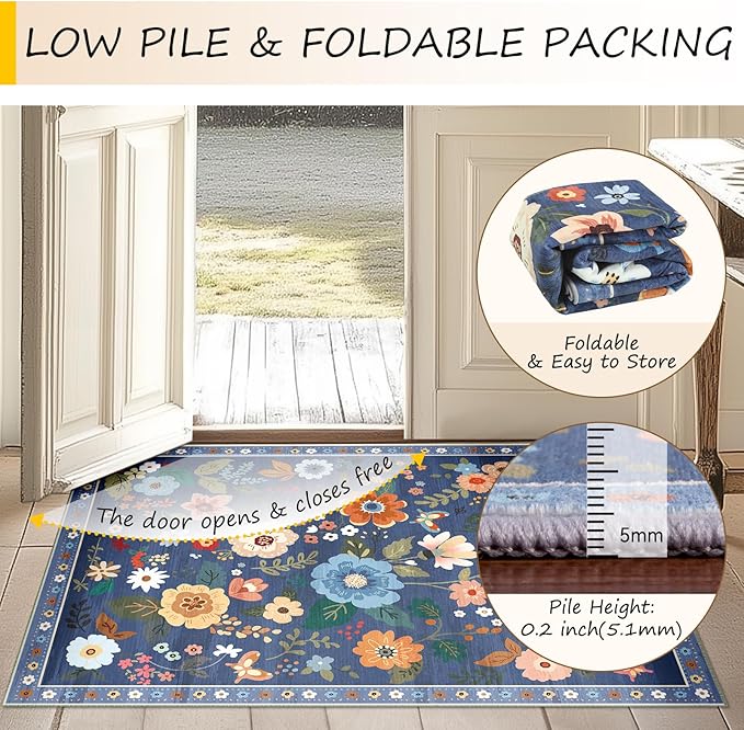 Floral 2x10 Area Rug Machine Washable Soft Print Boho Carpet Non Slip Doormat Low Pile Flower Area Rugs for Living Room Bedroom Nursery Kitchen Dining Room Indoor-Blue/Grey