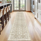 Vintage Runner Rug 2x12, Beige Tan White Washable Long Kitchen Runner Non-Slip Floral Soft Hallway Rug Runner Thin Print Faux Wool Carpet for Entryway Bedroom Laundry Room Indoor Home Decor