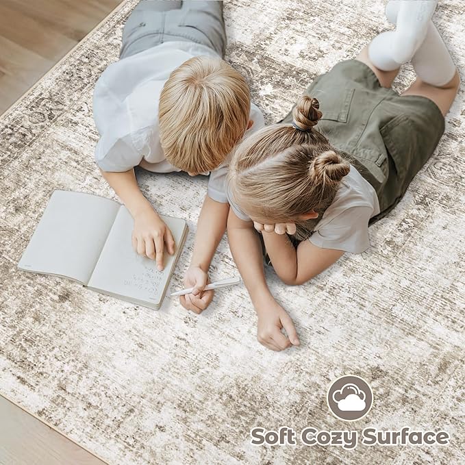Area Rug 8x10 Washable Rug, Vintage Boho Medallion Rugs Non-Slip Soft Low Pile Large Distressed Rug Indoor Retro Carpet for Living Room Bedroom Dining Room Home Office (Taupe, 8'x10')