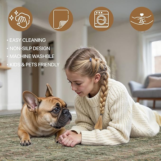 2x8 Runners Machine Washable Boho Rug for Hallway,Ultra-Thin Low Pile Rug,Lightweight Carpet,Non Slip Floral Runners for Enrtyway, Corridor, Home Office, Kitchen,Sage
