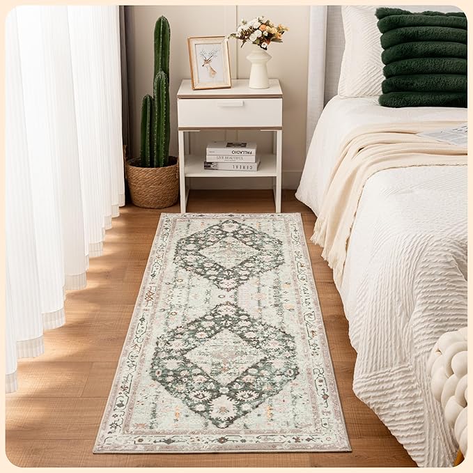 Istana Hallway Runner Rug 2x6 - Light Green/Beige Kitchen Rugs Non Slip Washable -Silk's Soft Touch Carpet Runner - Stylish Rug for Home