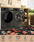 Area Rug 9x12, Washable Large Rugs for Living Room, Non Slip 0.27" Low Pile Vintage Floral Large Carpet for Bedroom, Dining Room, Kids Playroom (Black)