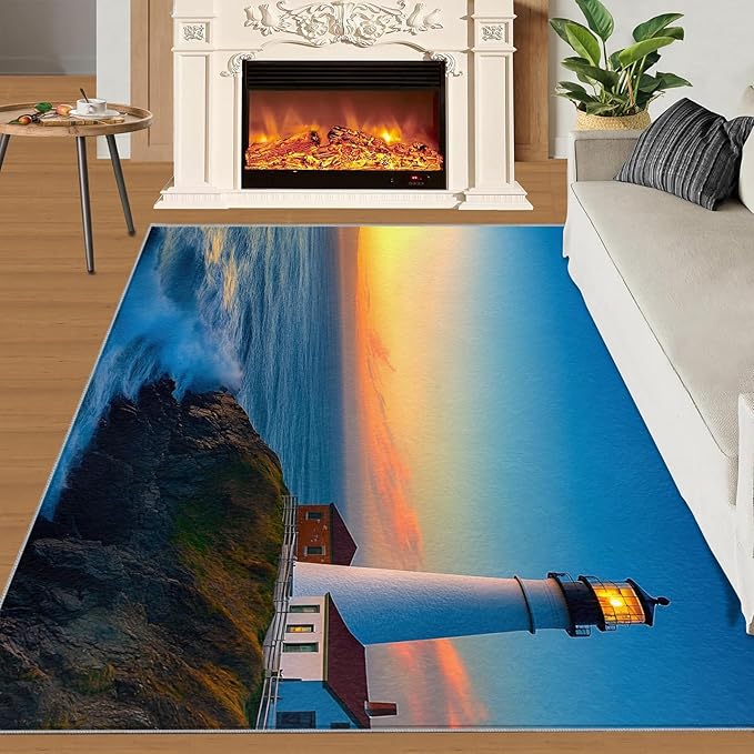 Coastal Rugs for Bedroom - 5x8 Area Rug - Ocean Lighthouse Rugs for Living Room, Sunset Ocean Scenery Rug, Non-Slip Washable Home Decor Carpet