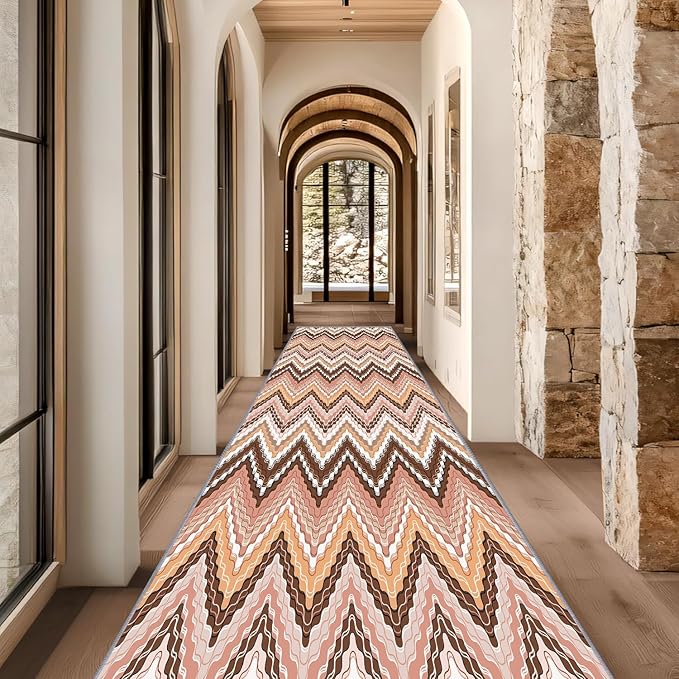 Brown Pink White Wave Runner Rug, 2x10ft Soft Tone Hallway Decor Carpet - Modern Home Corridor & Foyer Long Rug Non-Slip Mat, Washable Flannel Material, Bedroom Stylish Accent Rugs