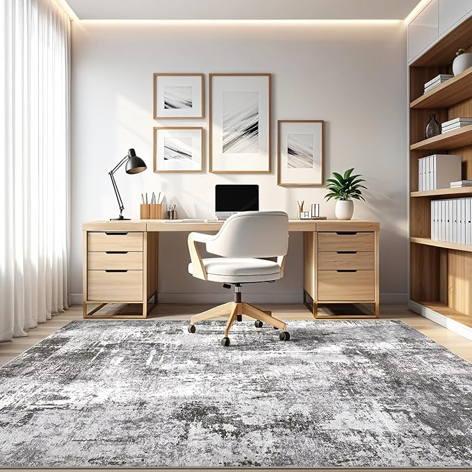 Large Area Rugs 12x15 Living Room: Washable Large Abstract Modern Soft Stain Resistant Indoor Floor Rugs Non-Slip Accent Carpet for Bedroom Nursery Playroom Office Dining Room Home House- Black Grey