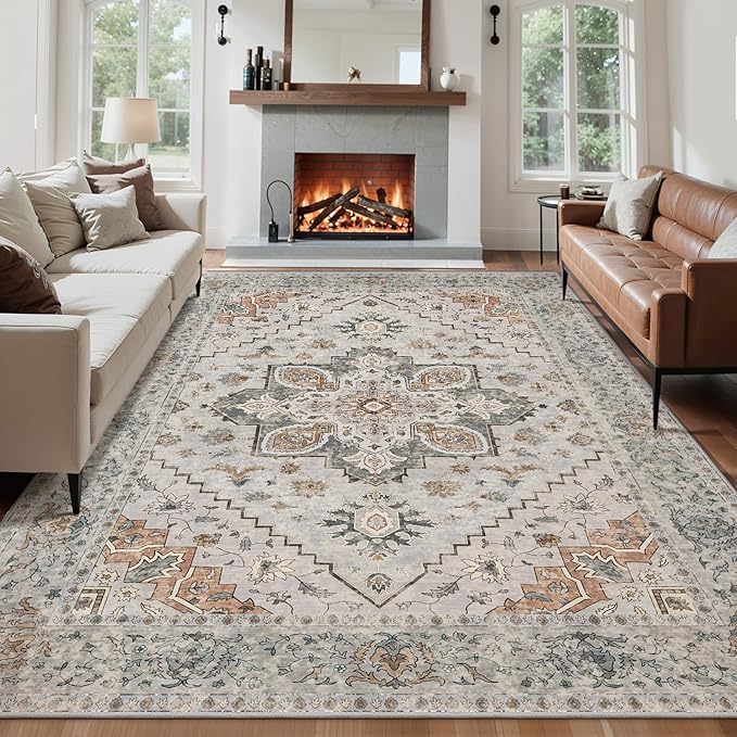 Tangsoo 8x10 Area Rug for Living Room, Washable Vintage Rugs Indoor Non Slip Large Area Rugs, Print Distressed Grey Carpet, Soft Low Pile Foldable Floor for Bedroom Dining Room Dorm