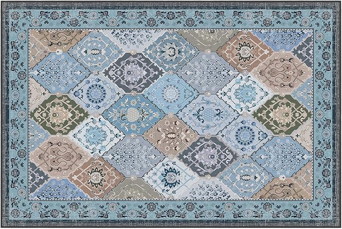 Phantoscope Washable Area Rug 4'x6' Non-Slip, Vintage Boho Rugs for Living Room, Bedroom, Dining Room, Distressed Moroccan Mosaic Diamond Pattern, Low-Pile Foldable Floor Carpet, Blue Teal/Neutral