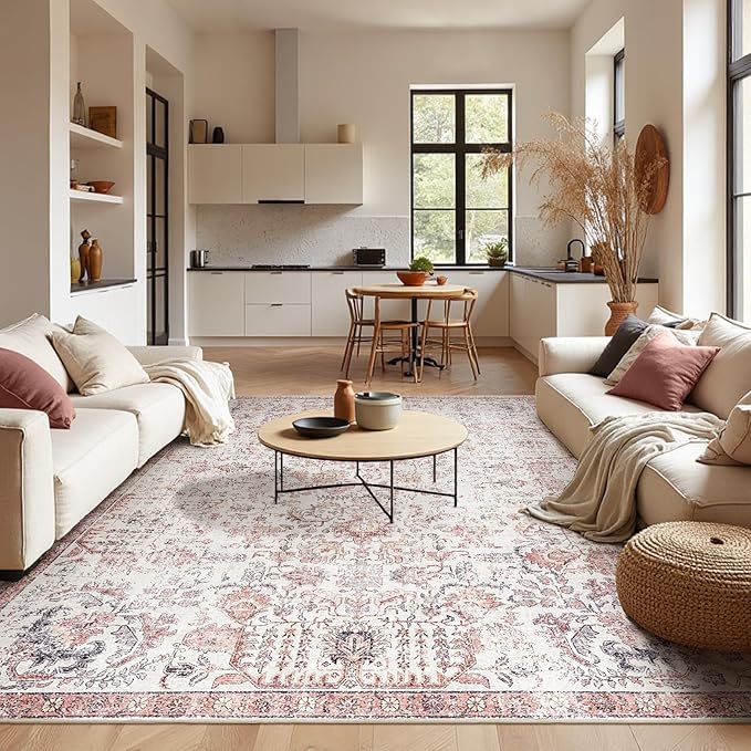 jinchan Kalen Area Rug 9x12 Washable Living Room Rug Vintage Indoor Large Floor Cover Retro Accent Mat Distressed Floral Country Boho Non Slip Thin Carpet for Bedroom Dining Room Office Red Multi