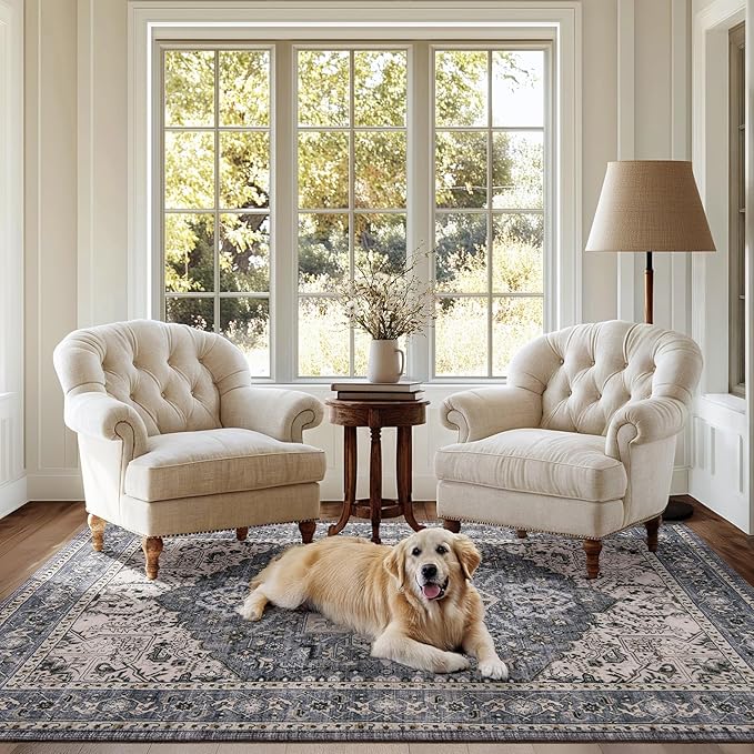 PURRUGS Vintage Farmhouse Boho Area Rug 5x7 ft, Non-Slip Machine Washable Rug, Accent Oriental Rug for Living Room, Dining Room, Bedroom, Entryway and Kitchen, Periwinkle Gray/Soft Ivory