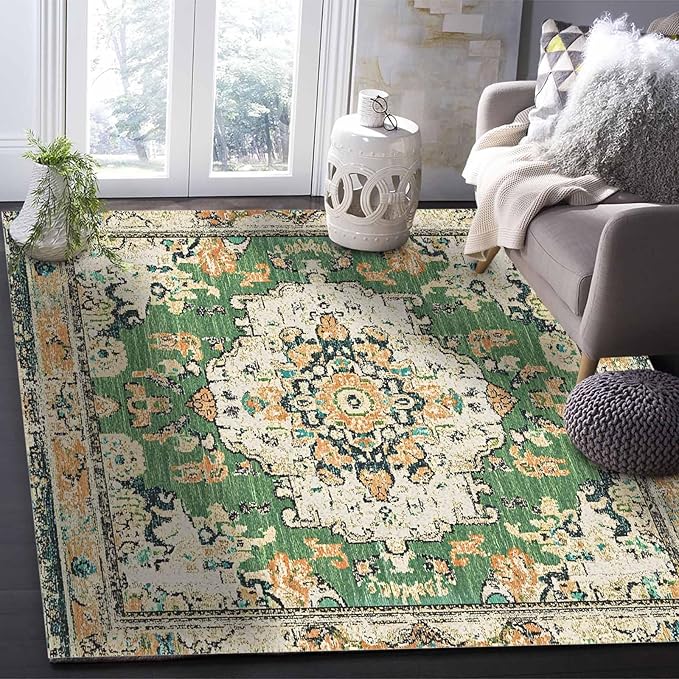 Bohemian Pattern Rectangular Area Rugs for Living Room Bedroom 4 x 6 ft Green & Orange Abstract Non-Shedding Soft Low Pile Rug Non Slip Washable Rug for Nursery Entryway Playroom