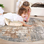5ft Round Area Rug Living Room Rugs - 5x5 Washable Large Soft Indoor Neutral Modern Abstract Low Pile Rug Carpet for Bedroom Dining Room Farmhouse Home Office - Grey Brown