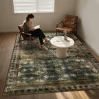 6x9 Washable Area Rug Non Slip, Thin Vintage Floral Living Room Rug Low Pile, Indoor Large Distressed Print Carpet for Bedroom, Dining Room, Farmhouse, Home Office, Dorm(Dark Green/Brown/Multi)