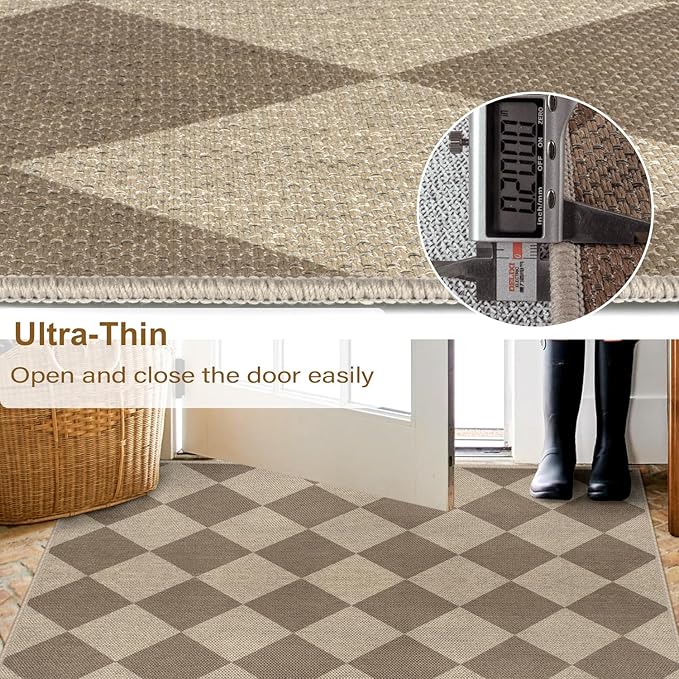 Easy Jute Checkered Runner Rug, 2x6 Brown Modern Washable Rugs Runner for Hallway Non-Slip Long Kitchen Rug, Geometric Diamond Indoor Outdoor Carpet for Porch Laundry Entryway
