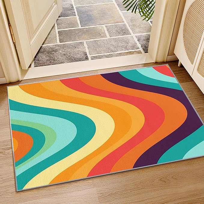 Retro Rugs for Living Room 70s - 7x10 ft, Abstract Wave Rug, Colorful Rainbow Area Rugs for Living Room Bedroom, Groovy Geometric Washable Rug Non-Slip Carpet, Mid Century Retro 70s Home Decor