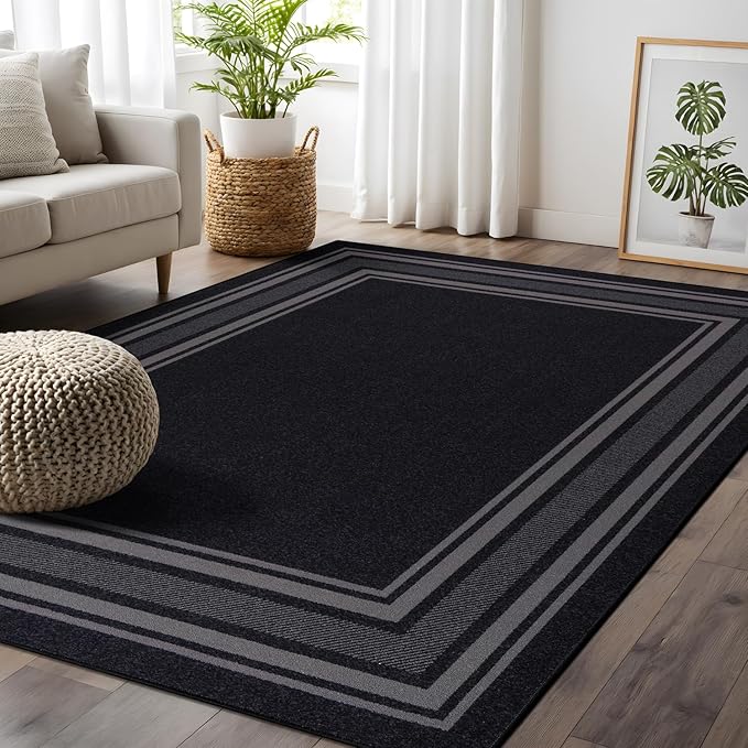 Beverly Rug Non Slip Area Rugs 5x7 Modern Bordered Non Skid Rubber Backing Soft Area Rug for Living Dining Room Easy to Clean Non Shedding Kitchen Bedroom Indoor Carpet 5 x 7 Black