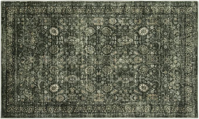 Morebes Vintage Throw Rugs, 3x5 Washable Rug Non Slip, Soft Area Rug for Bedroom, Distressed Non-Shedding Floral Rug for Entryway Bathroom Kitchen Foyer Bedside Playroom Christmas Decor,Dark Green