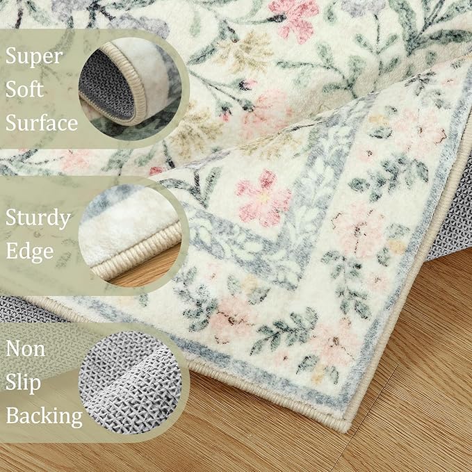 Morebes Washable Area Rugs 9x12 Living Room, Boho Large Cream Rugs for Farmhouse Non Slip, Soft Ultra-Thin Distressed Floral Carpet for Bedroom Nursery Girls Home Office Decor