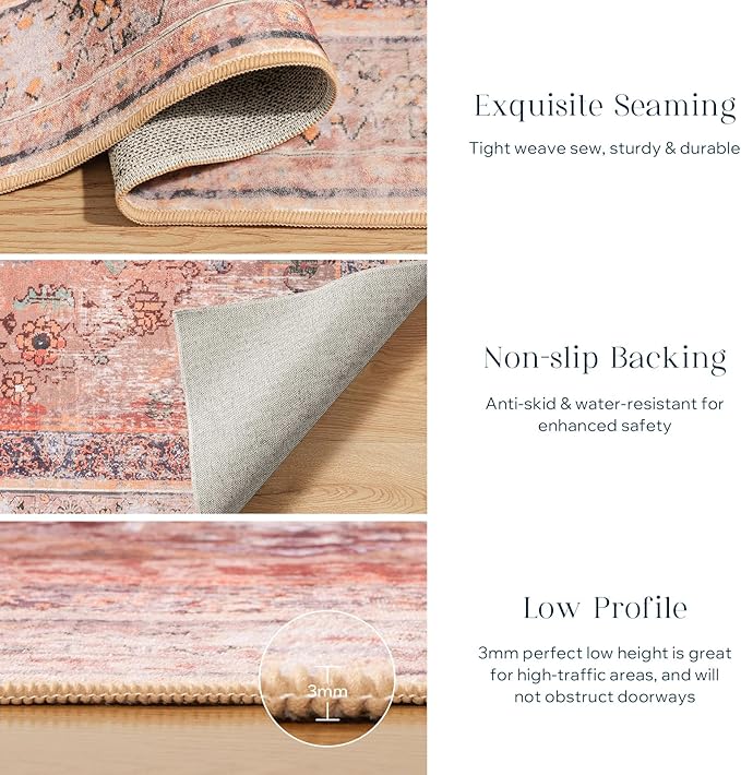 Phantoscope Washable Runner Rug 2'x10' Non-Slip, Vintage Neutral Fall Hallway Rugs for Entryway, Stair, Bedroom, Distressed Boho Medallion Pattern, Low-Pile Foldable Floor Carpet, Rust Orange