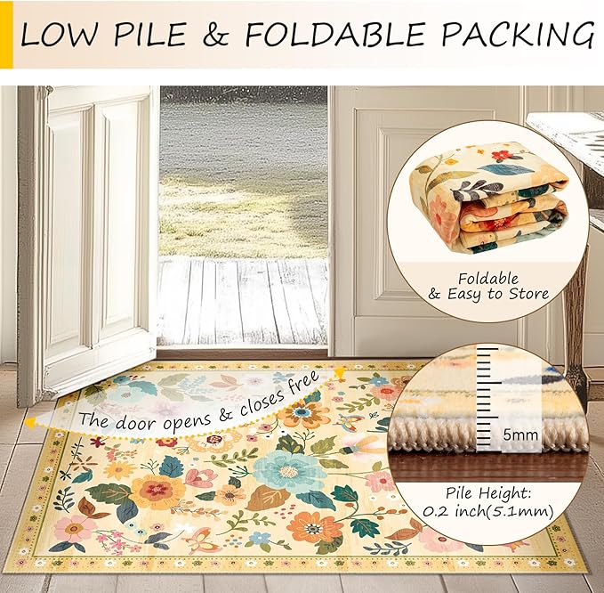 Floral 2x6 Area Rug Machine Washable Soft Print Boho Carpet Non Slip Doormat Low Pile Flower Area Rugs for Living Room Bedroom Nursery Kitchen Dining Room Indoor-Ivory/Yellow