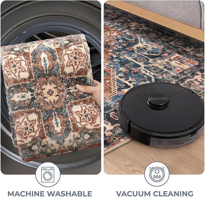 KOZYFLY Small Area Rug 2x3 Ft Rugs for Entryway Washable Boho Entry Rug Non Slip Door Mat Indoor Entrance Faux Wool Vintage Printed Kitchen Rug Throw Rugs for Entrance Kitchen, Red/Navy Blue/Brown