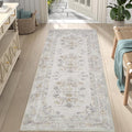 jinchan Hallway Runner Rug 2x8 Vintage Floral Distressed Design - Machine Washable Non-Slip Low-Pile Soft Thin Faux Wool Kitchen Carpet for Farmhouse Bedroom Laundry Room(2x8ft, Light Grey)