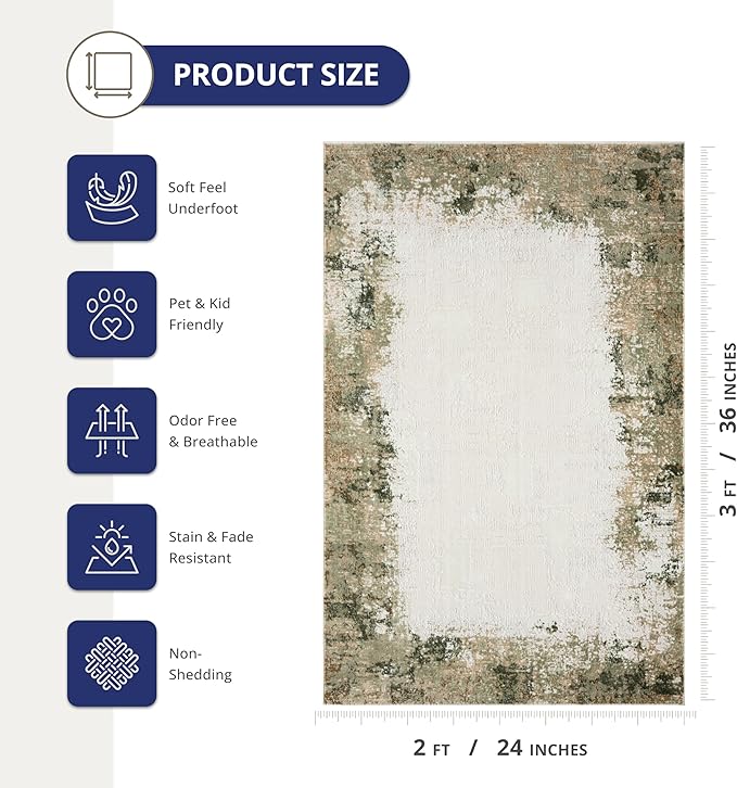 Abani Beige with Green Border Washable Area Rug – 2' x 3' – Classic Textured Design – Ivy Collection – Non-Shedding, Easy to Clean – Durable for High Traffic Areas – Living Room & Bedroom