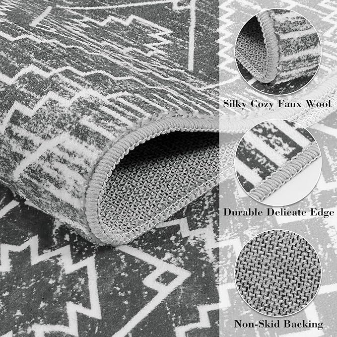 Wonnitar Moroccan 4x6 Area Rug, Washable Dark Gray Living Room Rug, Non-Slip Boho Rug for Bedroom, Farmhouse Non-Shedding Soft Indoor Carpet for Kitchen Entryway Mud Room (Dark Grey,4'x6')