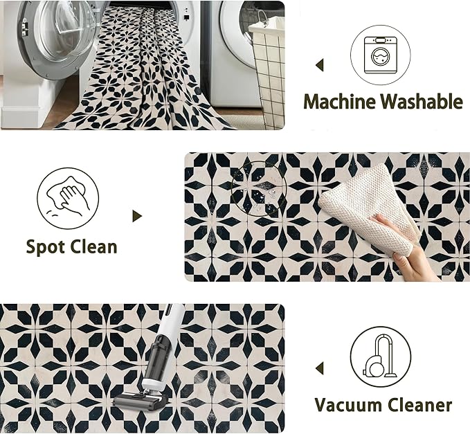 Black Beige Vintage Washable 3x5 Area Rugs for Living Room, Thin Low Pile Contemporary Carpet, Non-Slip Base Lightweight Rug
