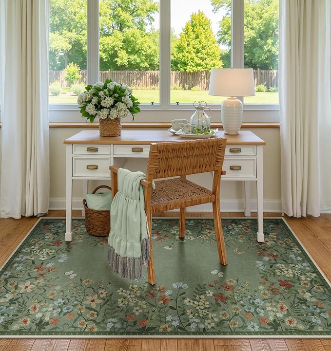 Wonnitar Washable Area Rug 4x6, Green Floral Rugs for Living Room, Non-Slip Large Kitchen Throw Mat, Low-Pile Indoor Botanical Floor Carpet for Girls Bedroom Laundry Entrance (Green,4'x6')