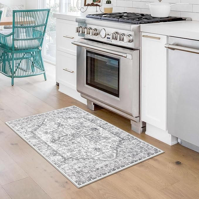 KOZYFLY Small Area Rug 2x3 Ft Rugs for Entryway Washable Boho Entry Rug Non Slip Door Mat Indoor Entrance Faux Wool Vintage Printed Kitchen Rug Throw Rugs for Entrance Kitchen, Gray
