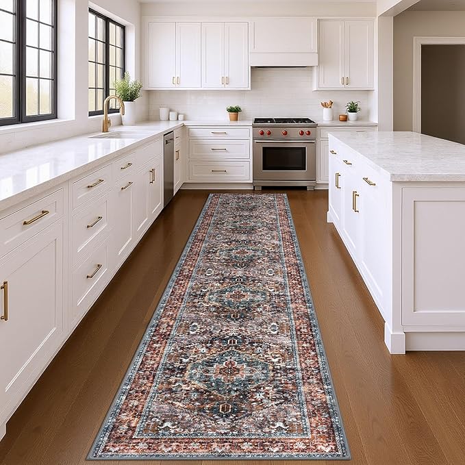 KOZYFLY Area Rug 3x14 Ft Washable Boho Runner Rug for Entryway Hallway Indoor Printed Faux Wool Carpet for Kitchen Bedroom Hall, Brick Red/Orange/Green