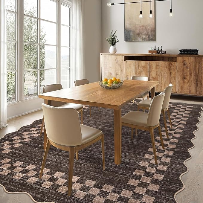 GarveeHome 10x13 Area Rug Large Living Room Scalloped Rug Non Slip Low Pile Bedroom Throw Carpet Soft Modern Bordered Dining Room Rug Stain Resistant Boho Carpet for Home Office, Brown