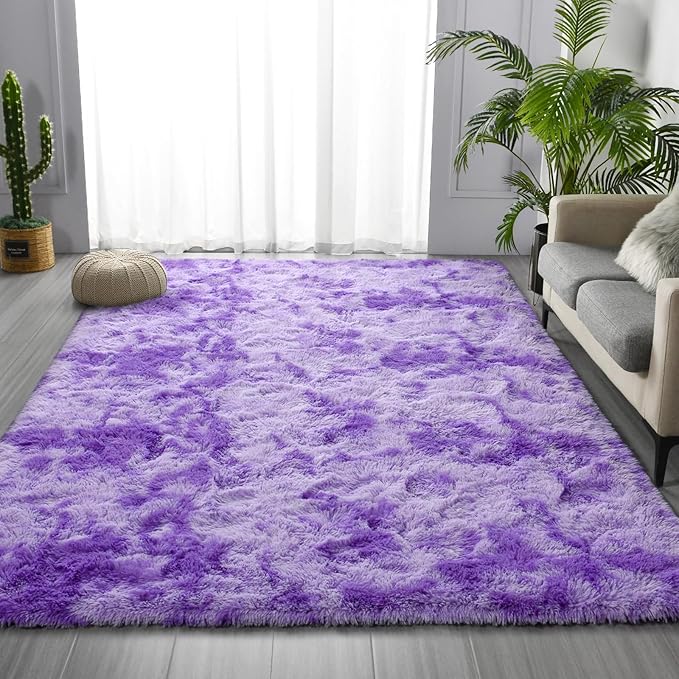 Soft Modern Shaggy Fluffy Carpets for Living Room Bedroom Girls Room Nursery Home Decor, 4 X 6 Tie-Dyed Plush Fuzzy Rugs, Indoor Carpet Shag Area Rug for Kids Room, Purple