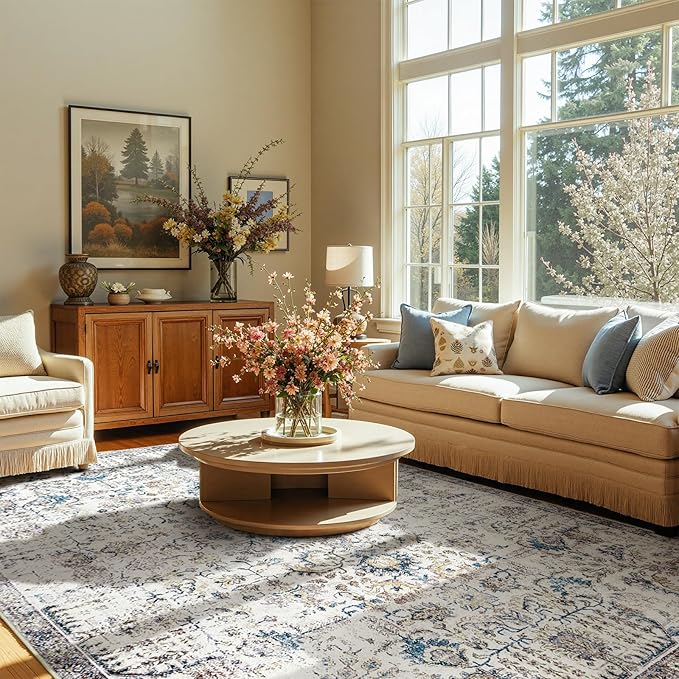 jinchan Area Rug 8x10 Washable Living Room Rug Vintage Indoor Large Floor Cover Retro Distressed Floral Country Boho Lightweight Non Slip Thin Carpet for Kitchen Bedroom Dining Room Office Blue