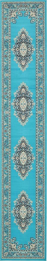 Unique Loom Reza Collection Traditional Persian Style Area Rug, 3 ft x 16 ft 5 in, Turquoise/Ivory