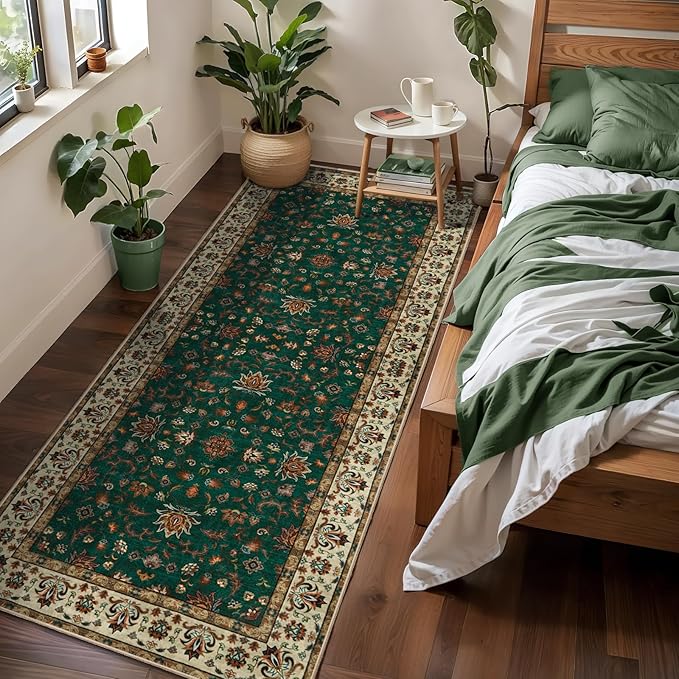 Tangspp Floral Washable Runner Rug, 2x5 Rug Runners for Hallways Non Slip, Vintage Boho Runner Rug for Entryway Indoor, Green Print Carpet Runner, Soft Low Pile Runner for Kitchen Bedroom Green